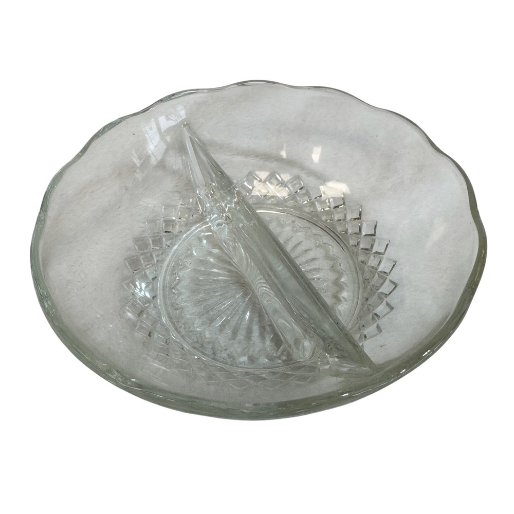 Vintage Clear Glass Divided Relish Dish Scalloped Edge Serving Bowl‎